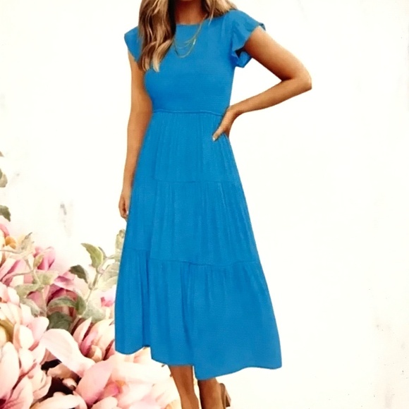 ZESICA Flutter Short Sleeve Smocked Midi Tiered A Line Dress Women’s Size Large - Picture 1 of 16